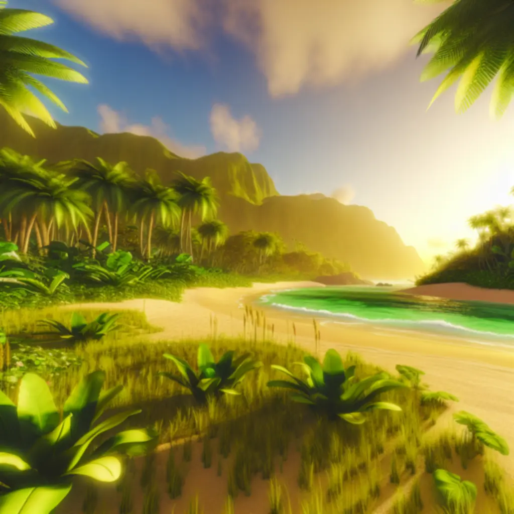Tropikalna wyspa z piaszczystą plażą i bujną roślinnością, zachęcająca do eksploracji.