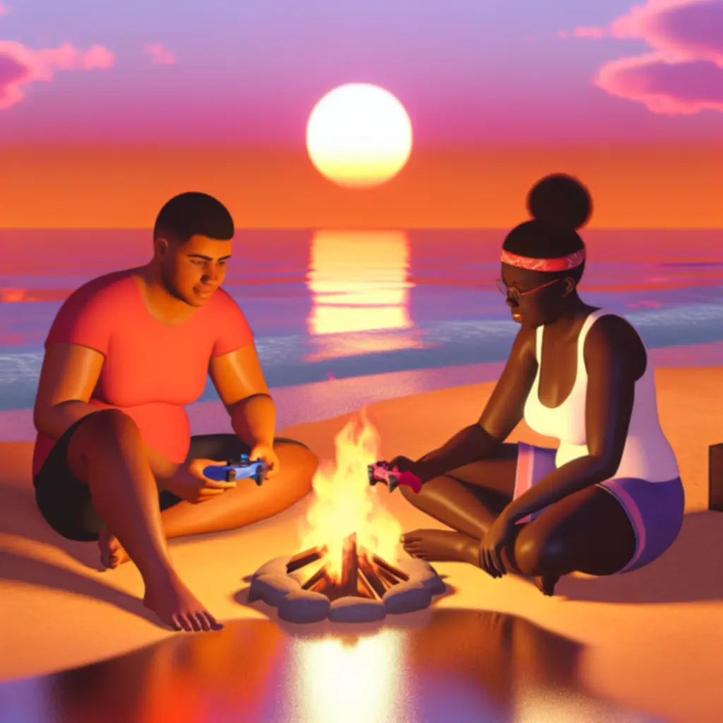 Dwóch graczy współpracuje przy ognisku na plaży o zachodzie słońca.