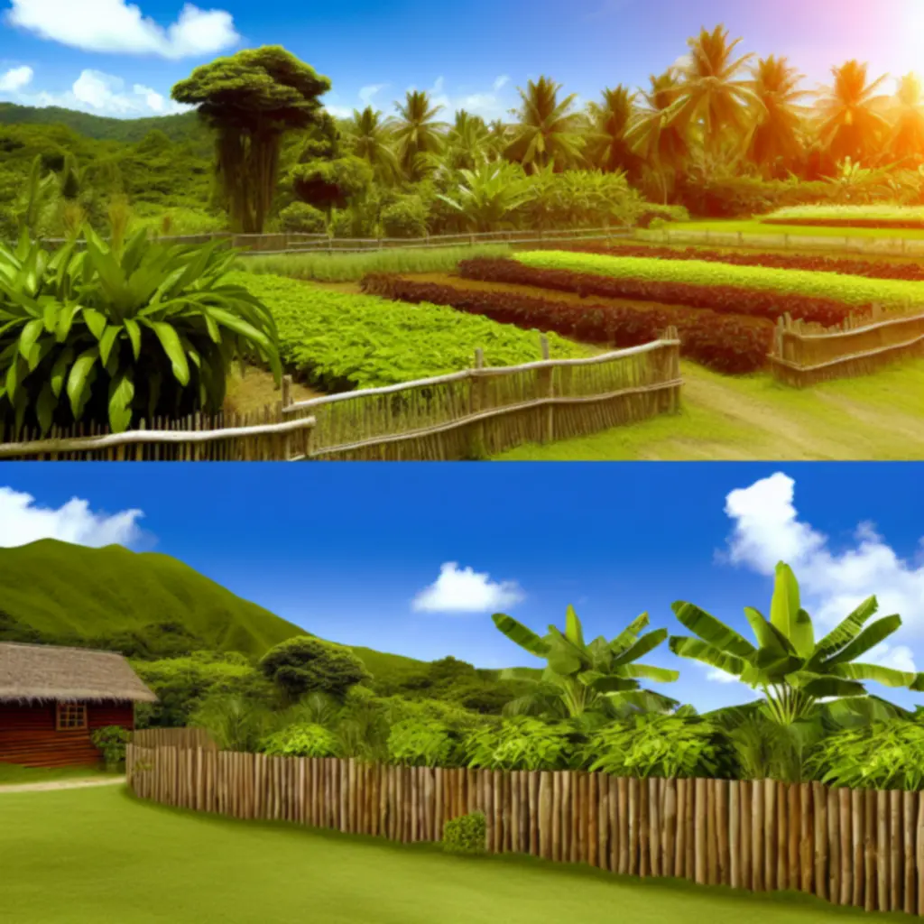 Kolorowa farma z dojrzewającymi uprawami i drewnianym płotem.