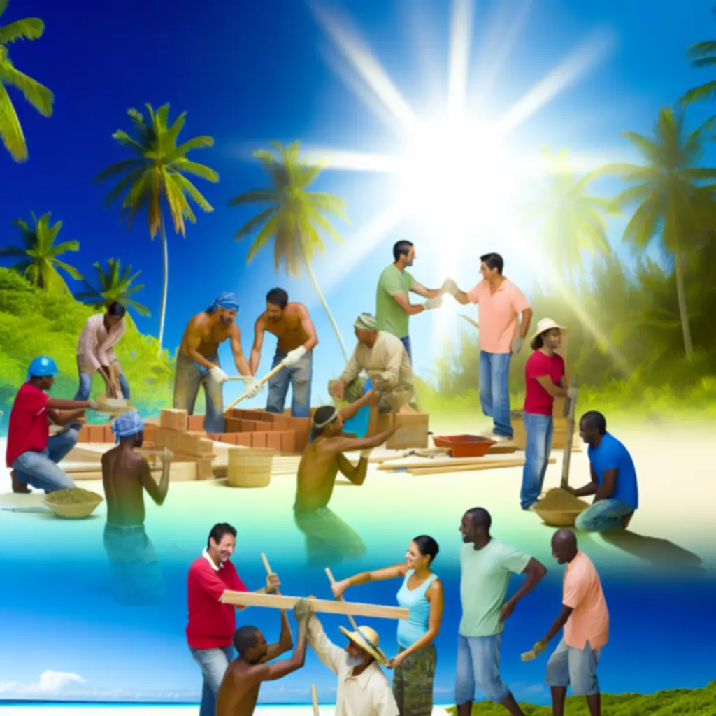 Drużyna graczy współpracująca przy budowie na wyspie