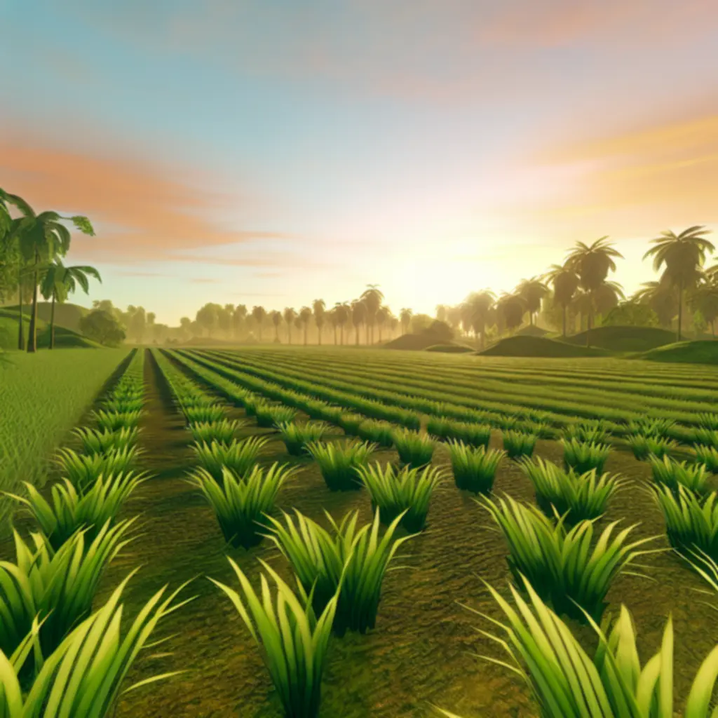 Tropikalne pola uprawne na wyspie o wschodzie słońca w grze Spirit of the Island.