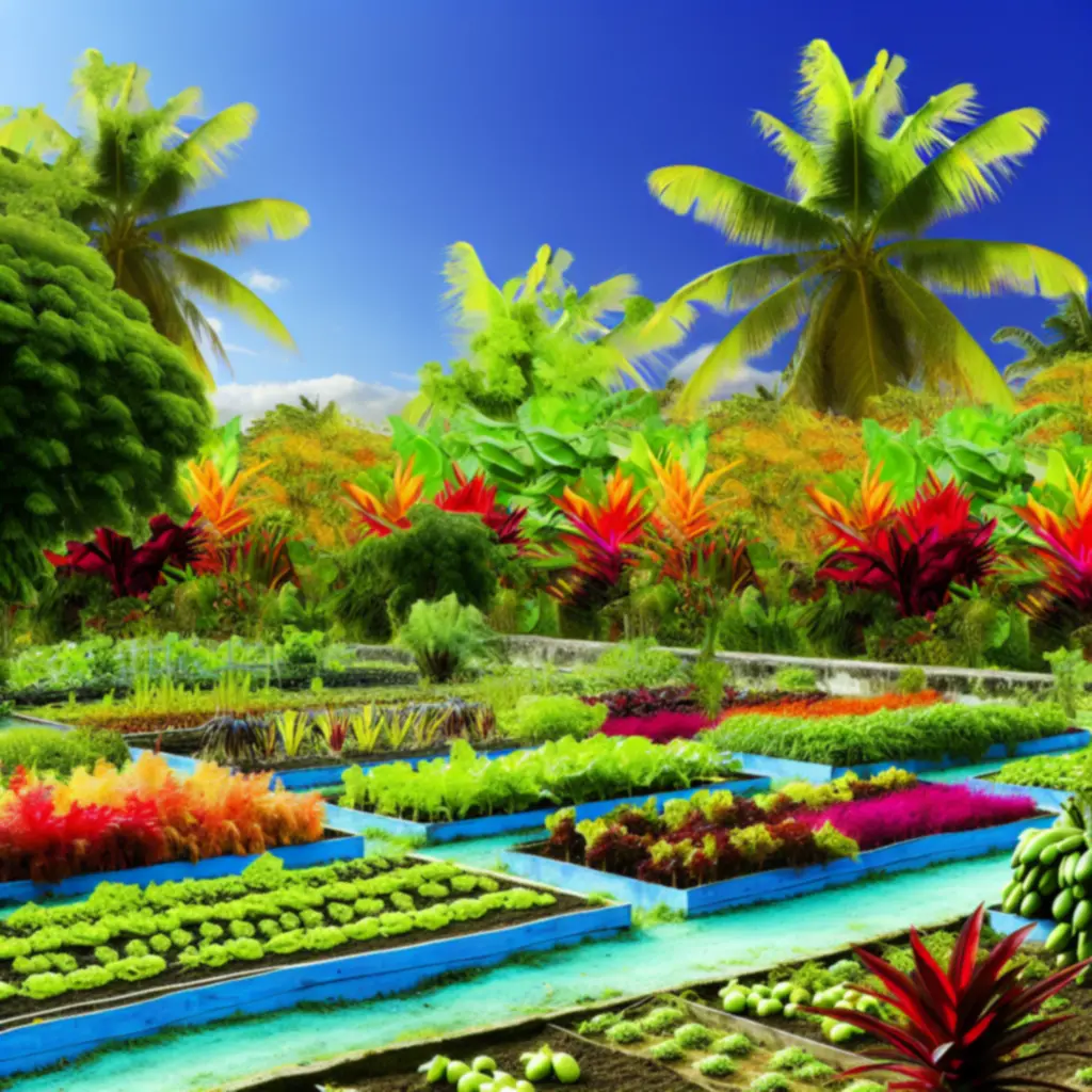 Barwne grządki warzyw i plantacje owoców na tle tropikalnej wyspy.
