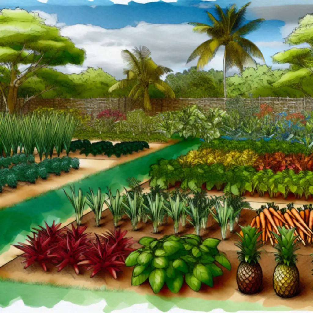 Różnorodne grządki z warzywami i owocami rosnącymi na tropikalnej wyspie.
