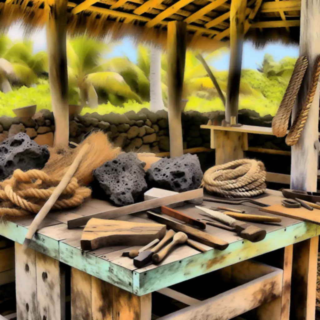 Stół rzemieślniczy z materiałami: drewno, kamień, włókna roślin
