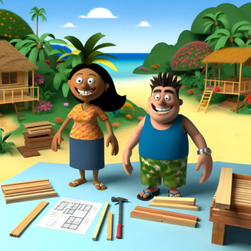 Dwie postacie wspólnie budujące na wyspie.