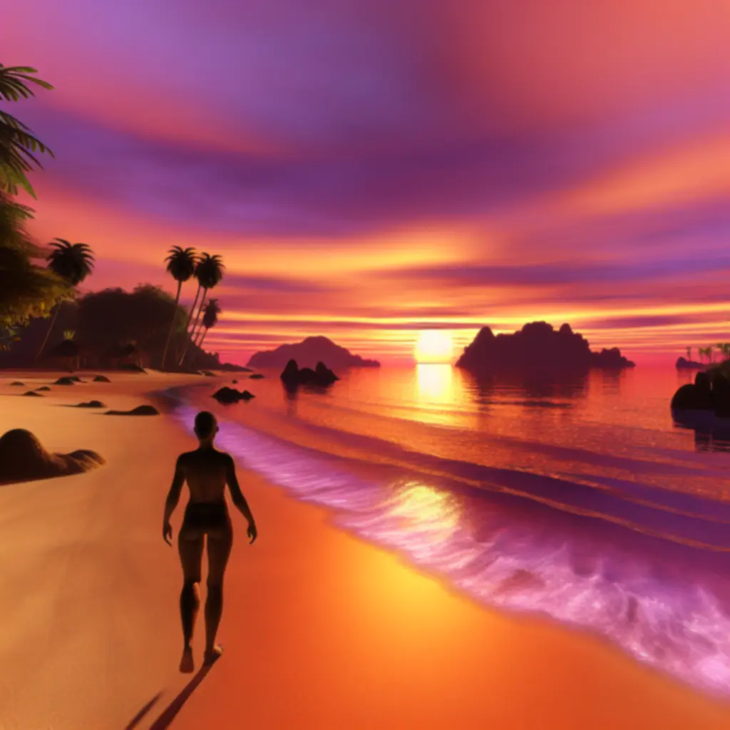 Postać eksplorująca tropikalną plażę podczas zachodu słońca.