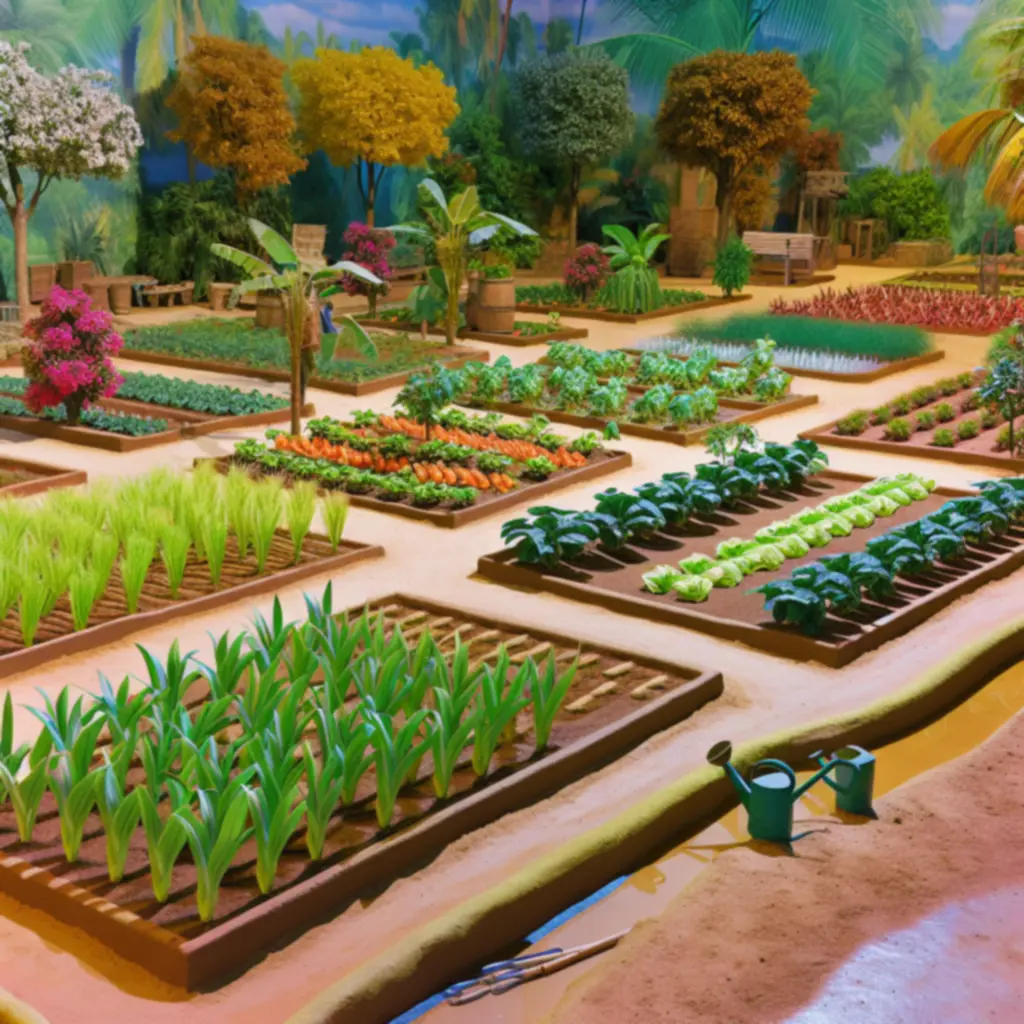 Zadbane grządki z tropikalnymi uprawami i narzędziami rolniczymi.