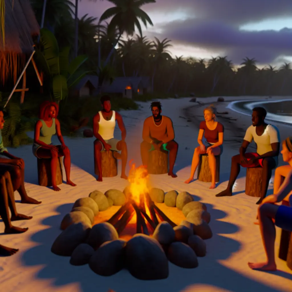 Grupa graczy planuje działania przy ognisku na plaży