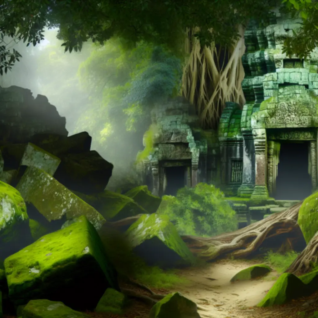 Starożytne kamienne ruiny porośnięte pnączami w głębi dżungli.