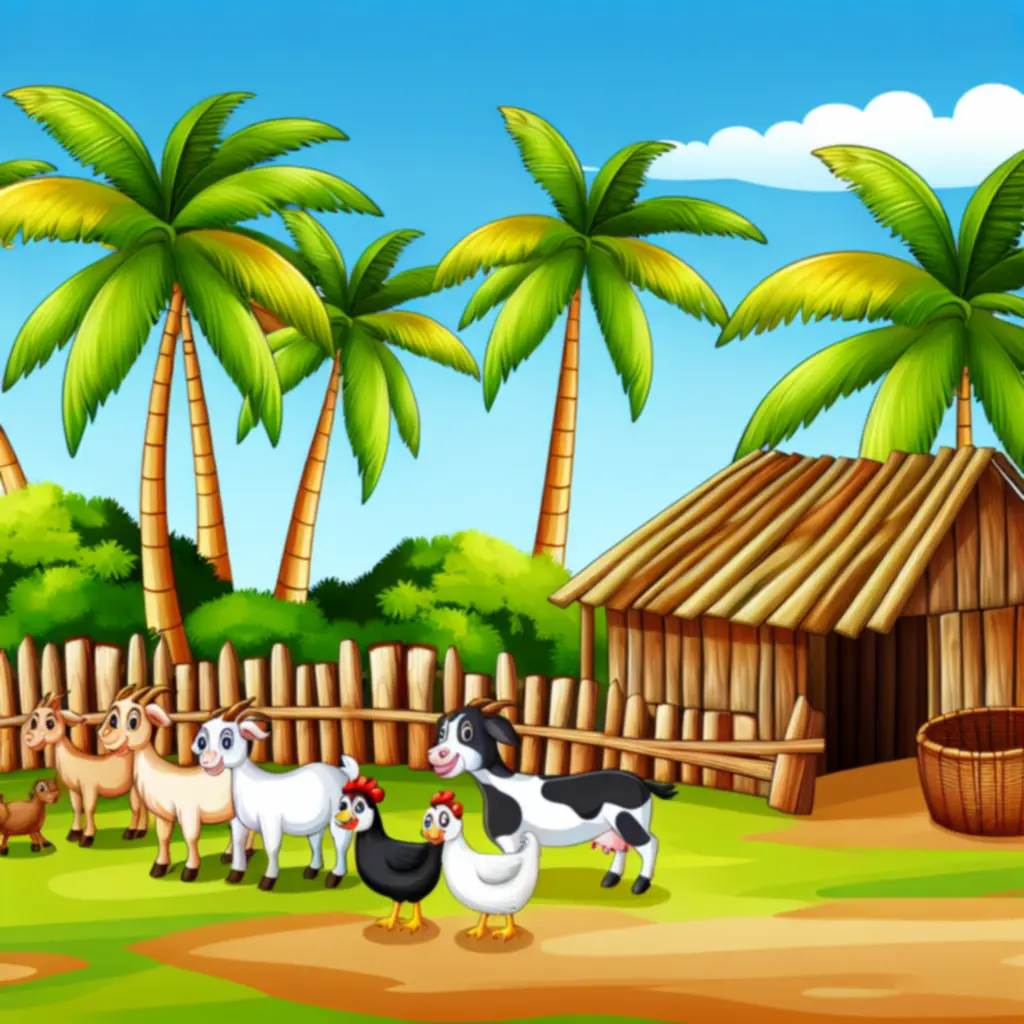 Przyjazne zwierzęta na farmie na tle palm i drewnianej zagrody.